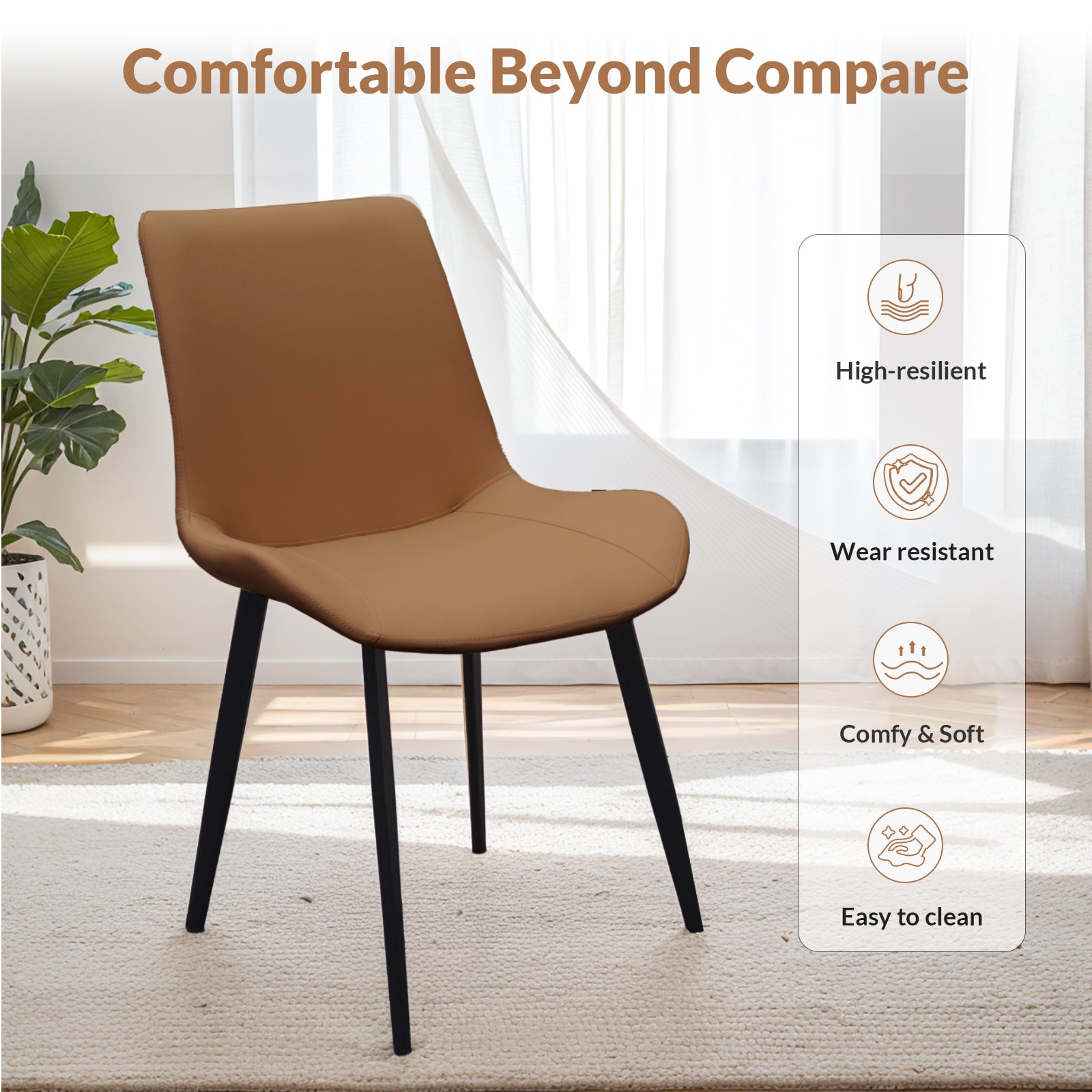 Brown PU Leather Dining Chair With Metal Legs, Modern Upholstered Chair Set Of 4 For Kitchen, Restaurant, Living, Meeting Room_voghion.com